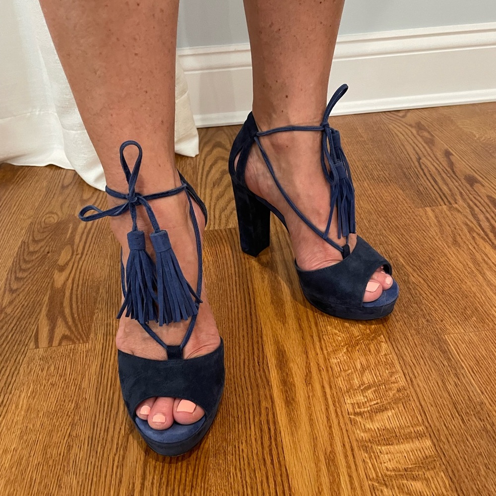 Beautiful Unique Blue Suede strappy sandal with tousle tie up accent